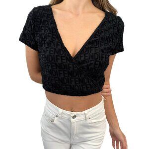 FENDI Vintage Logo Monogram Cropped Wrap Top #42 Black Terry Cloth Tie [106328]